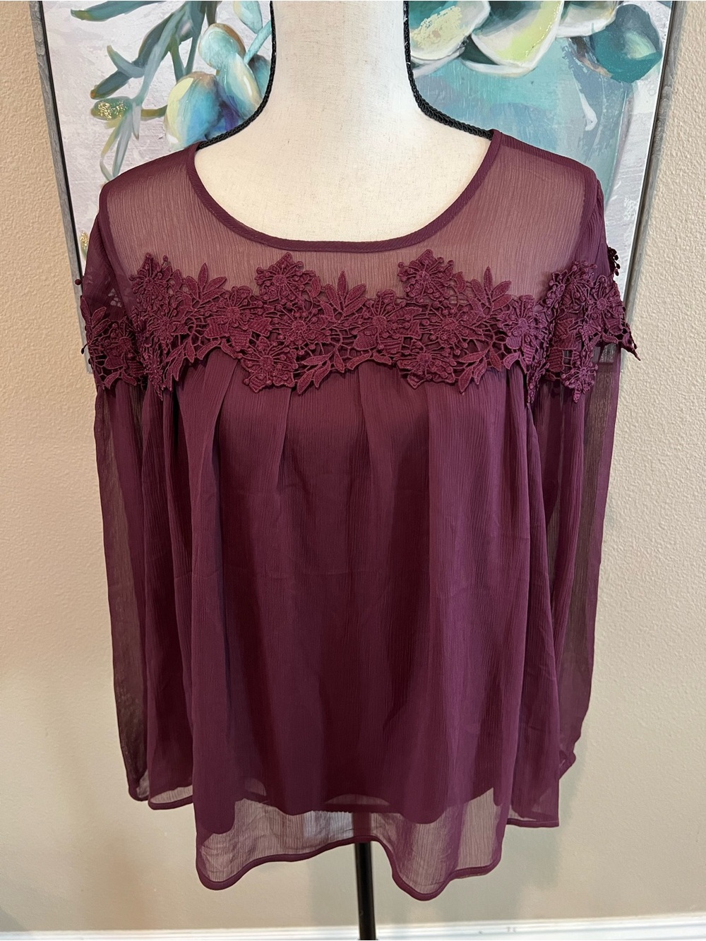 LC Lauren Conrad Plum Floral Lace Yoke Blouse